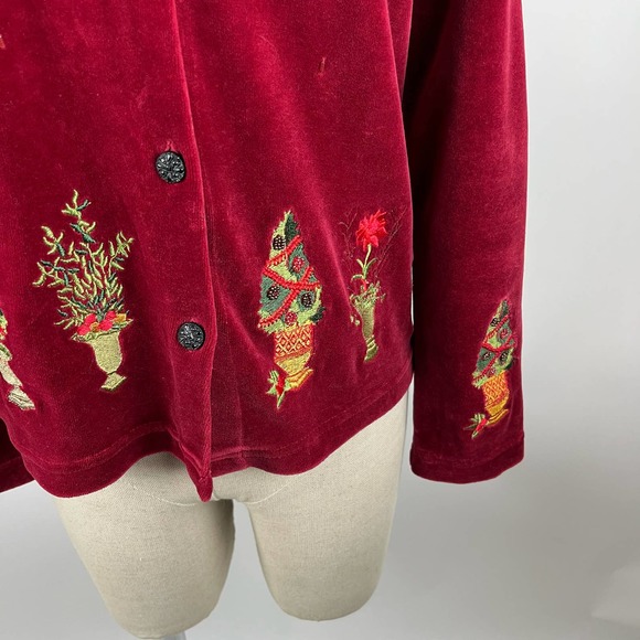 Susan Bristol Red Velour Ugly Christmas Sweater Cardigan Holiday Plants Trees - Picture 8 of 16